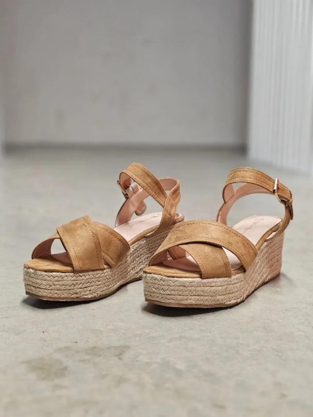 Camel Suede Espadrille Wedge Sandals With Ankle Strap & Buckle Closure For Women